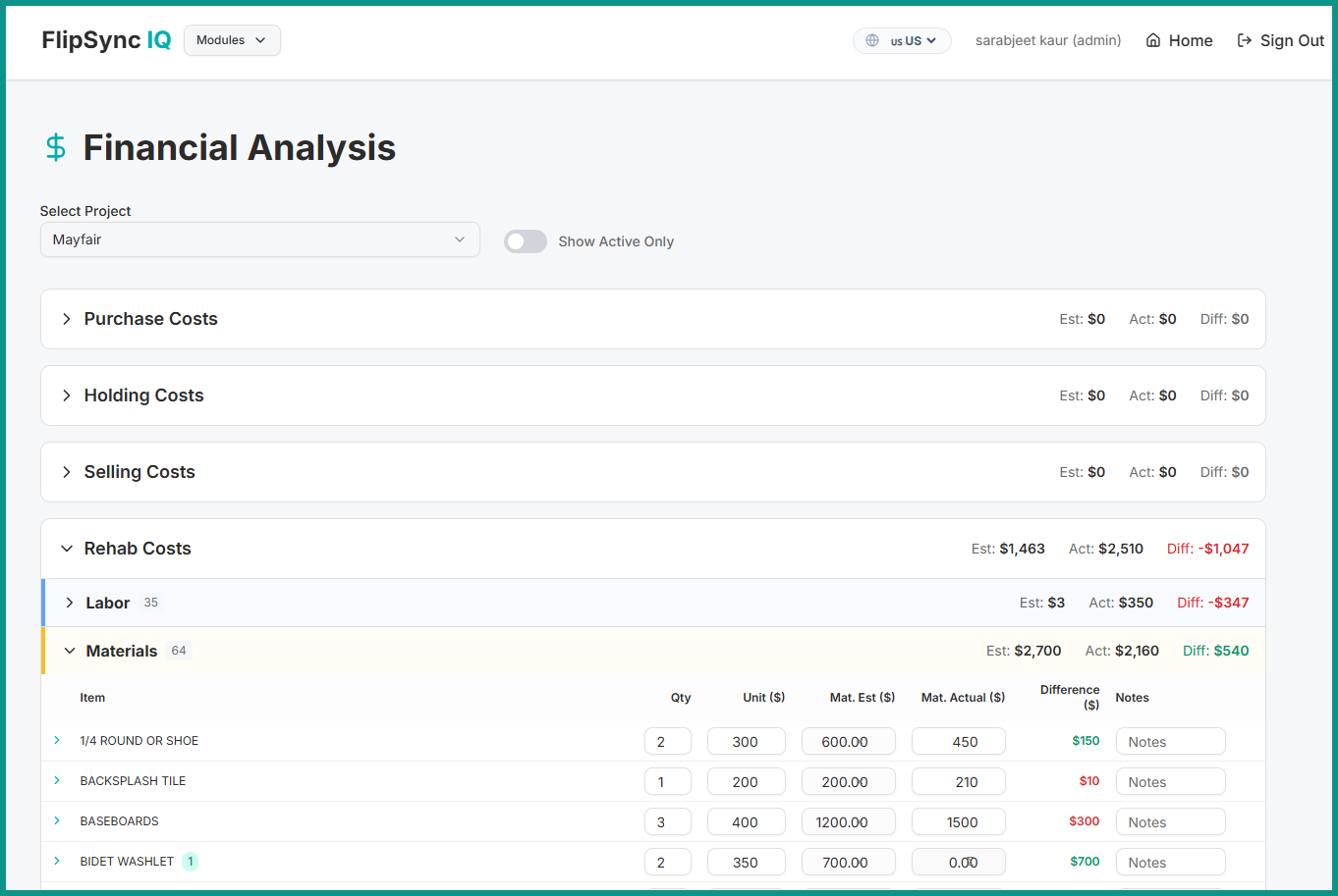 Red overage alert on cost items