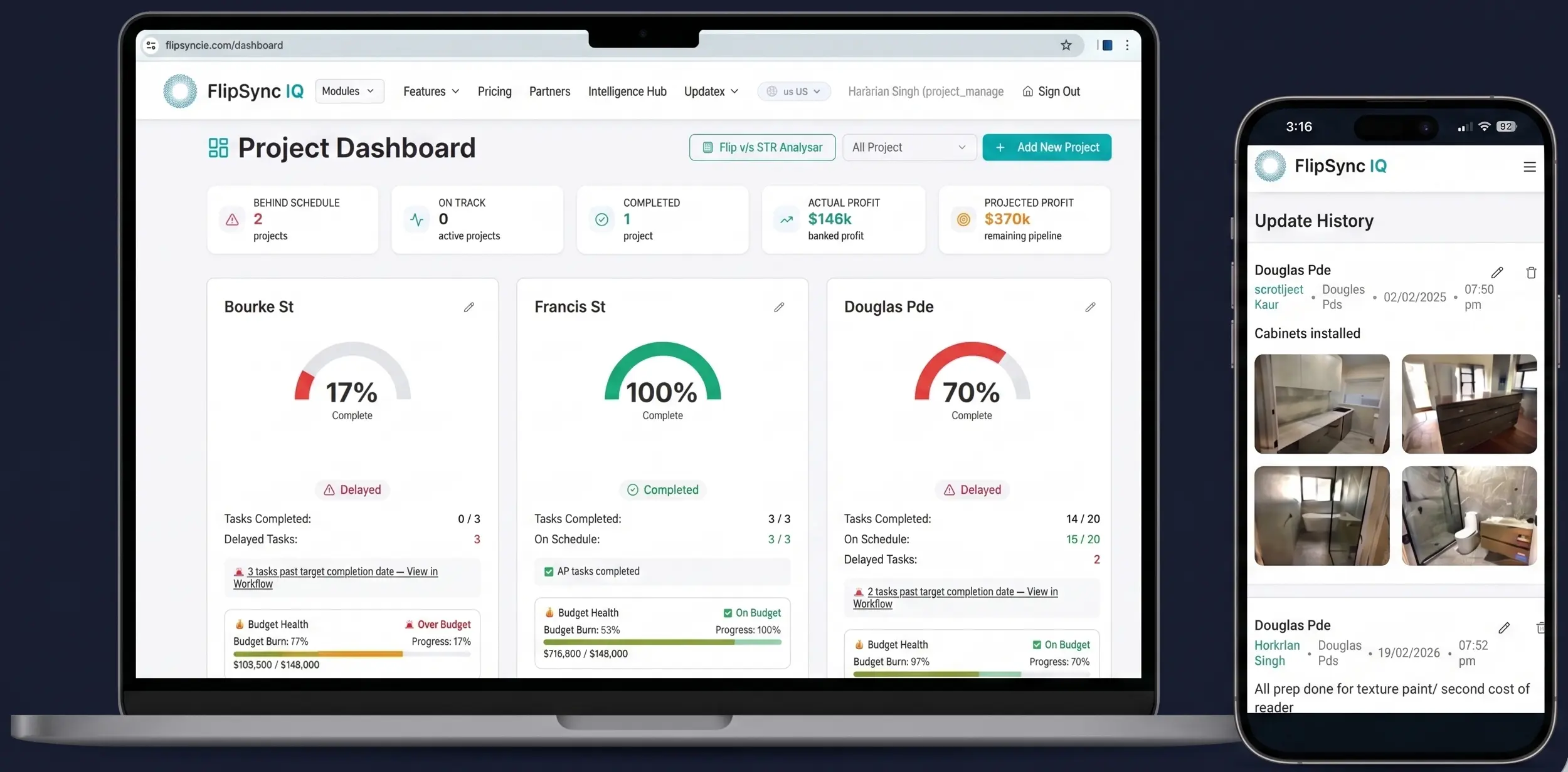 FlipSync IQ house flipping software dashboard showing deal analysis, budget tracking and renovation project management