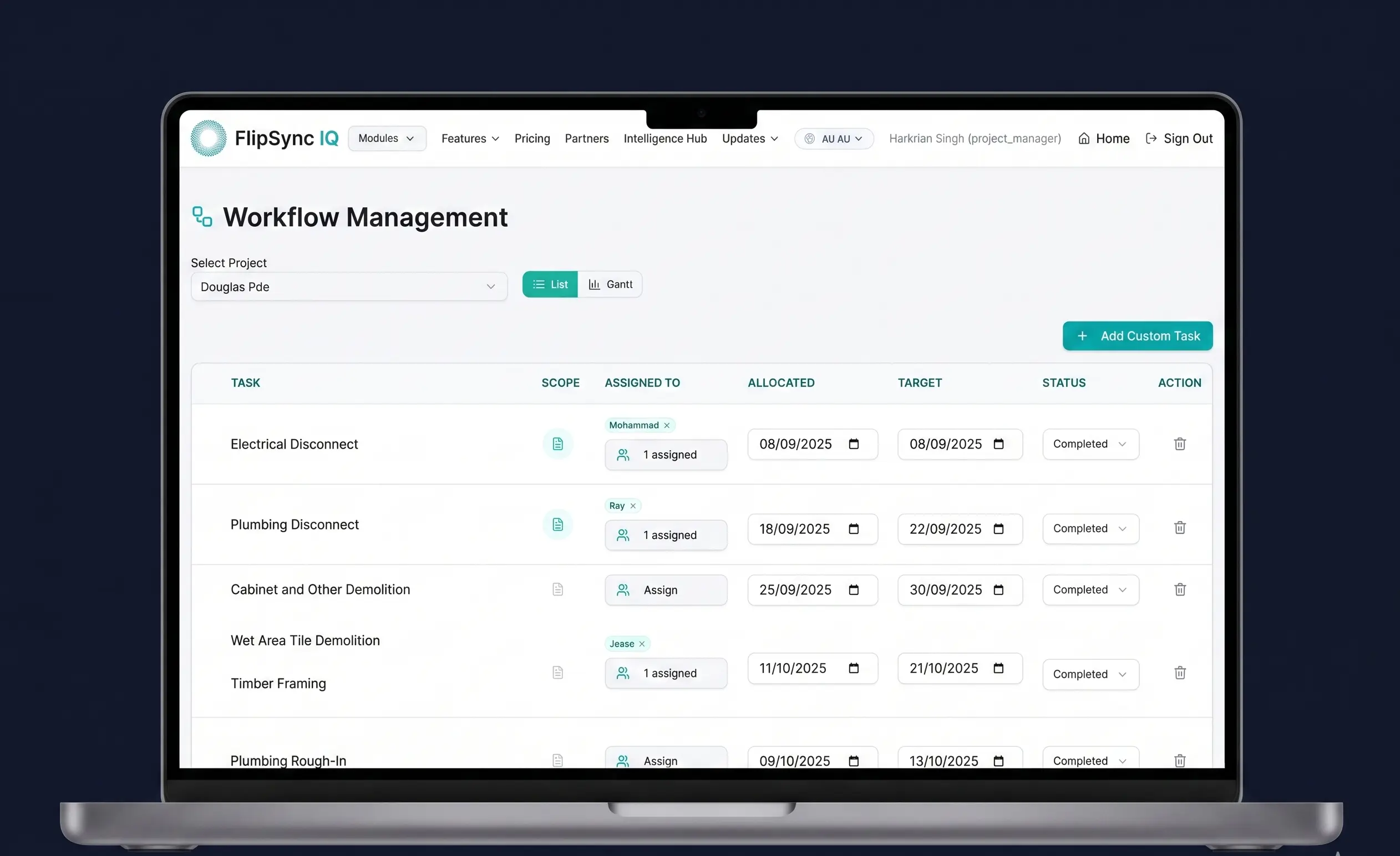 FlipSync IQ property flipping dashboard with real-time ROI projections, renovation budget tracker and workflow management for Australian property investors
